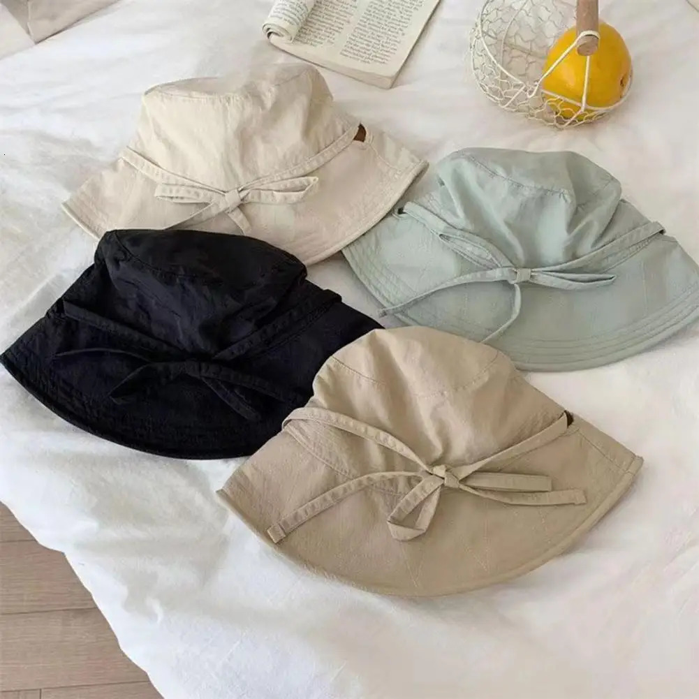 Womens fisherman hat windproof fixed bandwidth Brim womens bucket solid color sunshade UV resistant flat top folding summer 241009