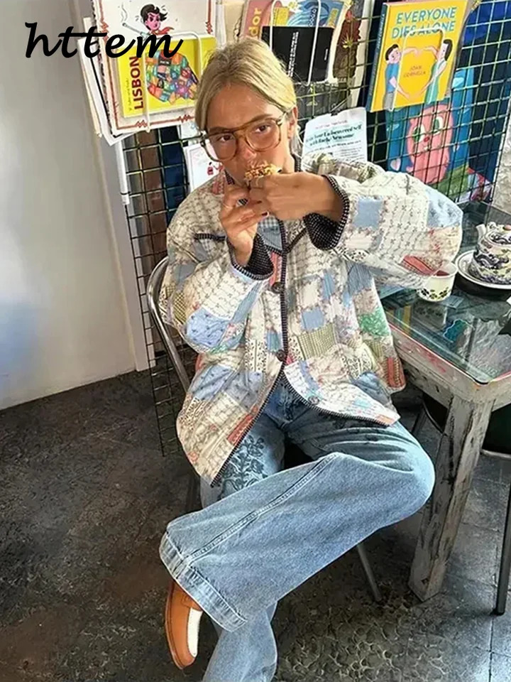 Loose printed patchwork work quilted jacket for women loose O-neck button long sleeved womens cotton coat autumn winter womens coat 241007