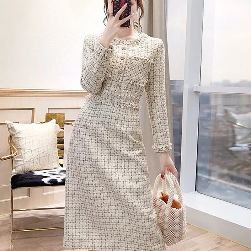Womens fashionable coarse woolen suit dress autumn O-neck long sleeved single chest plain weave elegant dress evening dress party vest dress 241011