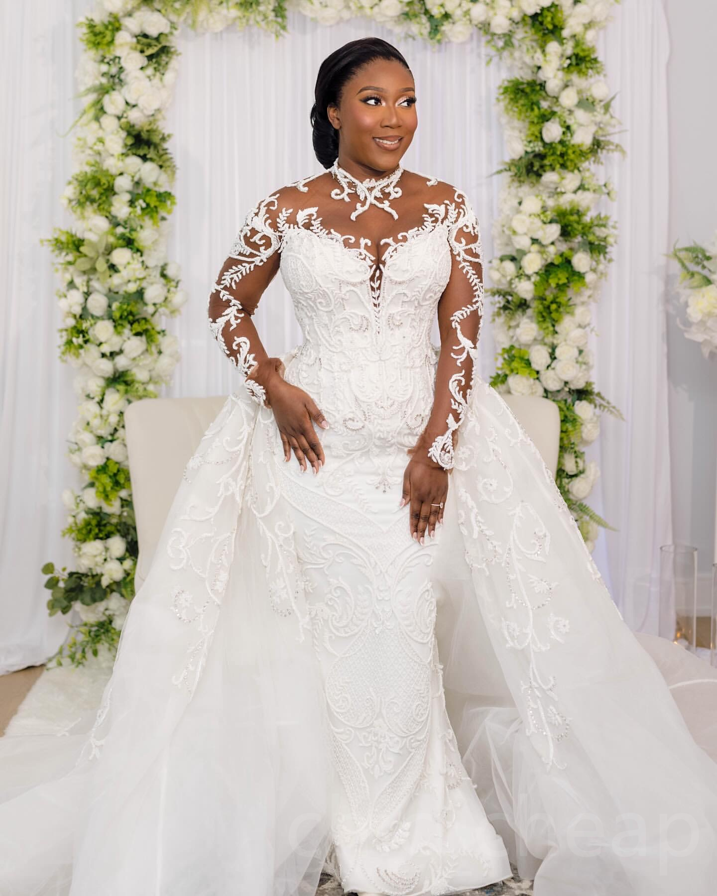 2024 Arabic Aso Ebi Plus Size White Mermaid Wedding Dresses Lace Beaded Full Sleeves Detachable Train Luxurious Bridal Gowns Dress Wd02