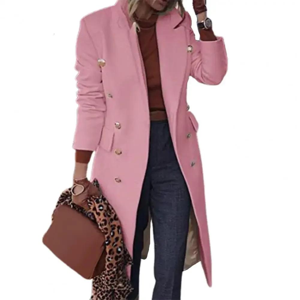 Solid color womens wool coat long button lapel coat fashionable ultra-thin double chest casual womens coat autumn and winter 241007