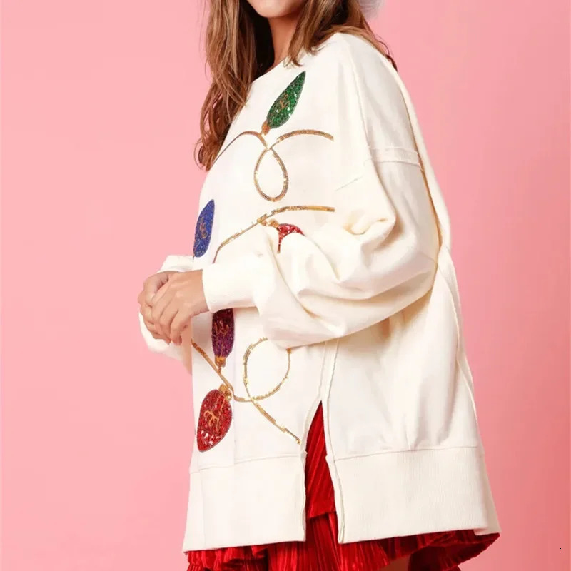 Imcute Women Sequin Christmas Light Sweater Oversized Long Sleeve Sweatshirt Side Slit Sparkly Glitter Shirts Jumper Tops 241011