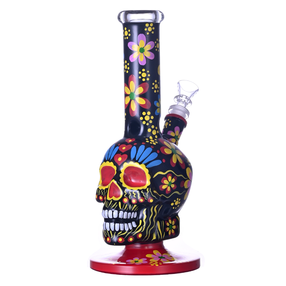 10.4in HippiesGlass,Hand Drawn Human Skeleton & Colored Flowers Glass Beaker Bong,Cute Halloween Bong,Borosilicate Glass Water Pipe,Glass Hookah,Smoki