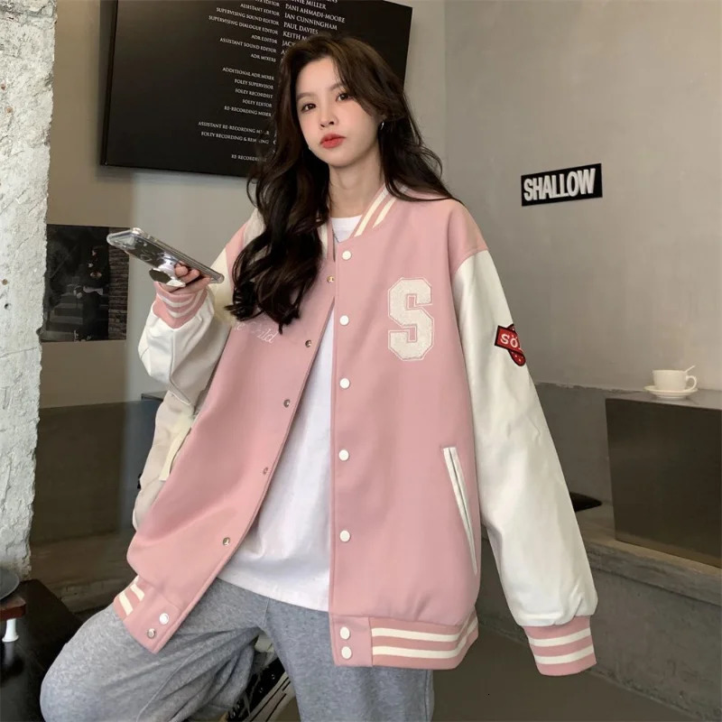 Deeptown Y2k Streetwear Bomber Jacket Women Oversized Varsity Jackets College Uniform Harajuku Fashion Korean Pink Baseball Coat 241011