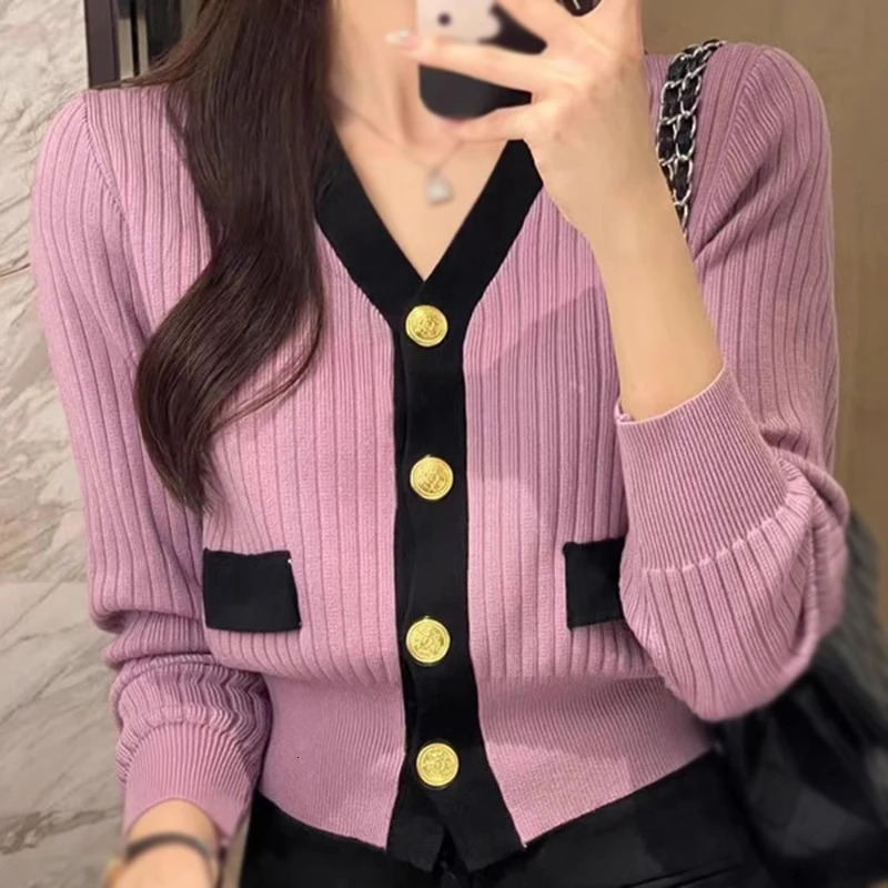 Autumn Winter Contrast Colors V Neck Single Breasted Fashion Temperament Gentle Style Knitted Sweater Korean Cardigan 241009
