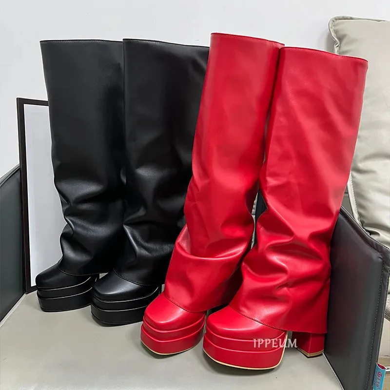 IPPEUM Fold Ankle boots Over Boots Women Orange Pink Block Heel Knee High Plus Size 43 Platform Shoes y2k botas plataforma mujer 240611 241118