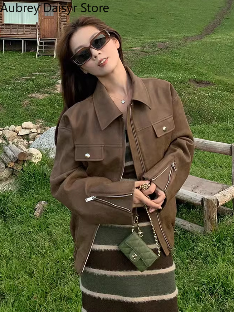 Autumn Brown Women Streetwear Moto Biker Zipper Coat Female Winter Warm Punk Style Leather Jacket 2023