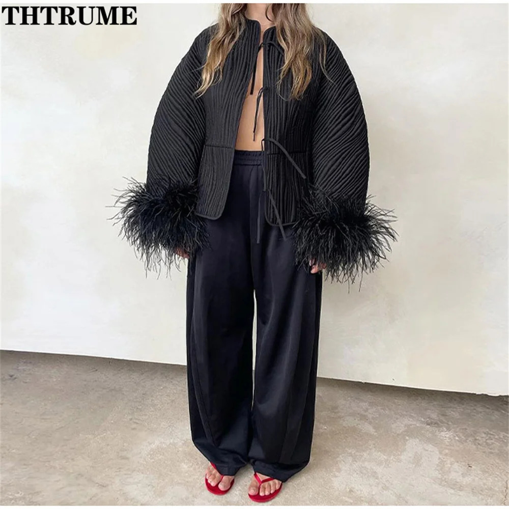 2024 Autumn Jackets Fashion Women Solid Spliced Feather Cuffs Lace Up ONeck Coats Casual Long Sleeve Elegant Chic Coat 241011