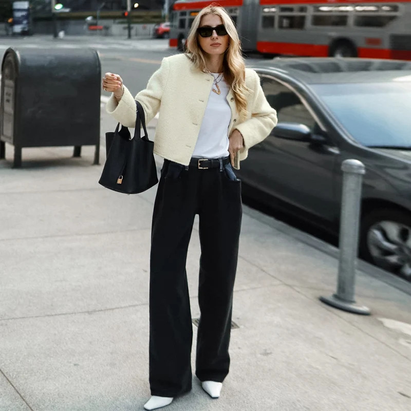 MSCSZ crop coarse woolen jacket womens round neck single chest elegant jacket autumn fashion short jacket jacket 240930