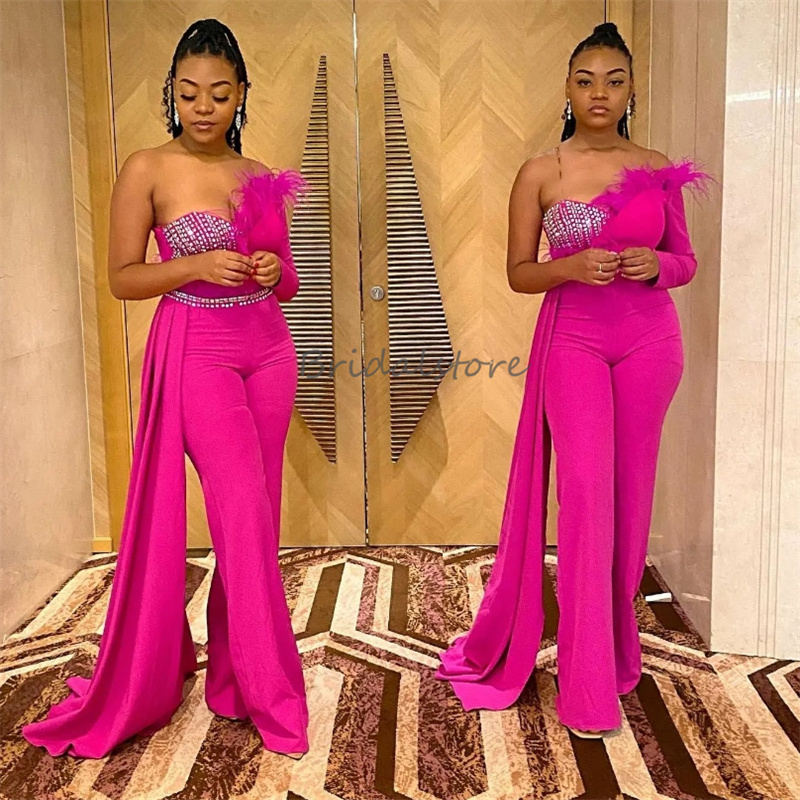 Hot Pink Prom Dresses Jumpsuit Black Girls Feather Evening Dress 2025 Elegant Long Sleeve Satin Beaded Holiday Birthday Party Dress With Train Vestio 
