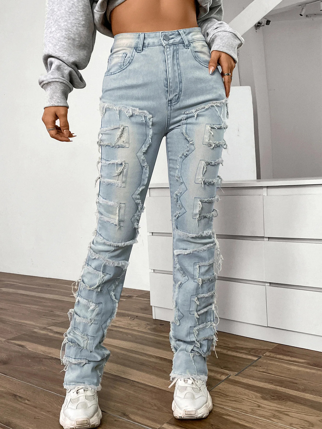Women Jeans Denim Straight Pants Spliced Patchwork High Street Slim Fit Pockets Mid Waist Washing Zipper Slight Srech 2024 241007