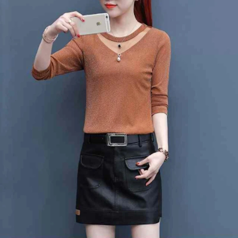 Net Yarn Patchwork Slim Bottoming Shirt Spring Long Sleeve Solid Color Hollow Out T Tops Elegant Vintage Women Clothes 241011