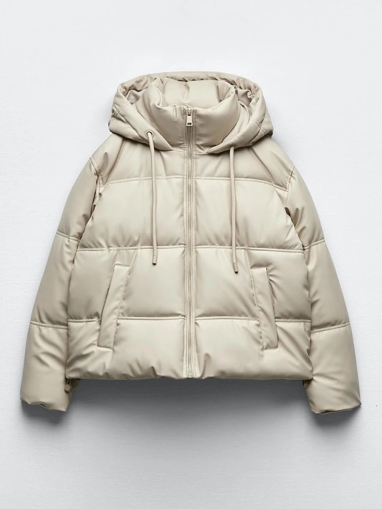 Winter Women Faux Leather Puffer Jacket 2024 Warm PU Snow Hooded Parka Female Casual Loose Coat Zipper Long Sleeve Overcoat 241010