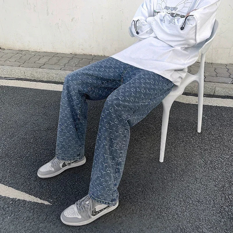 Jeans Mens 2023 Straight Lift Pattern Loose Wide Leg Casual Boyfriend Pants Men Clothing INS 241011