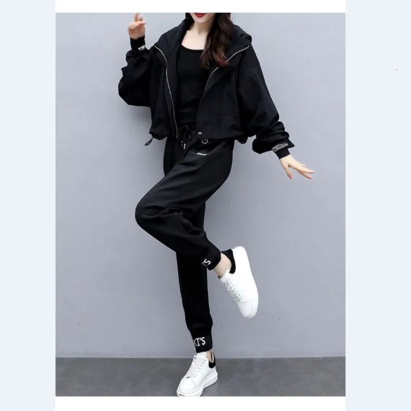 Womens track and field outfit Korean elegant hoodie zipper jacket sports pants twopiece set springsummer matching 241007