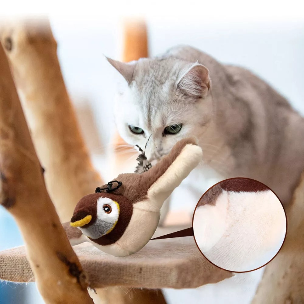 Electronic Flapping Bird Sparrow Cat Toy USB Vivid Chirping Interactive Flying Bird Cat Toys Hangable Touch-Activated
