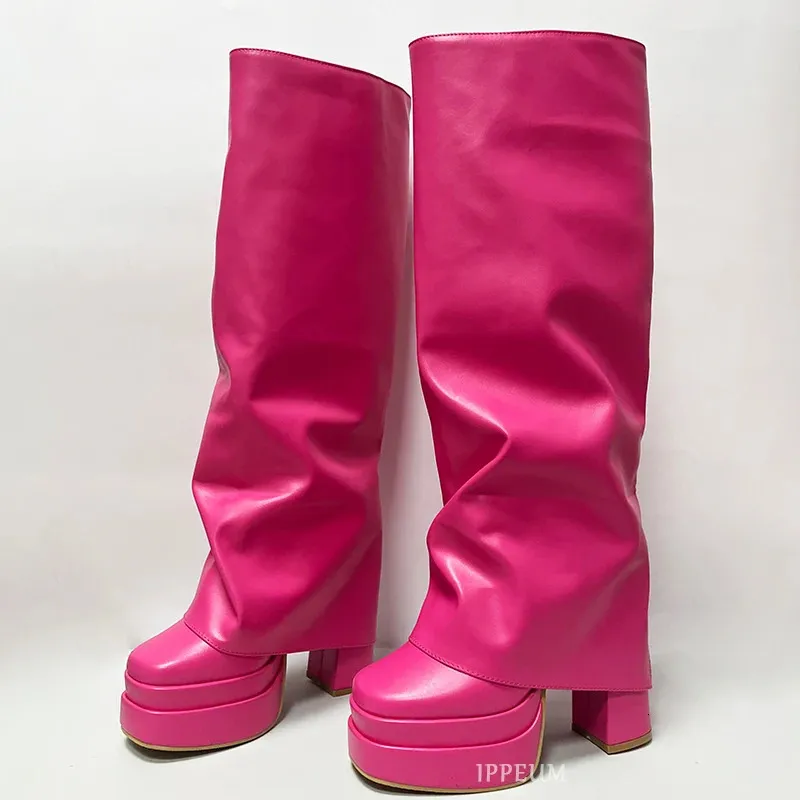 IPPEUM Fold Ankle boots Over Boots Women Orange Pink Block Heel Knee High Plus Size 43 Platform Shoes y2k botas plataforma mujer 240611 241118