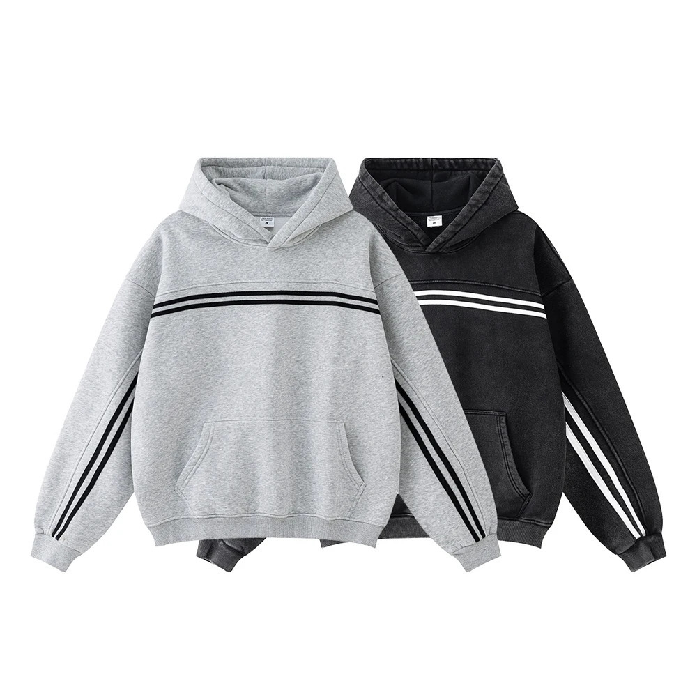 Striped hoodie fleece black grey hooded 241011