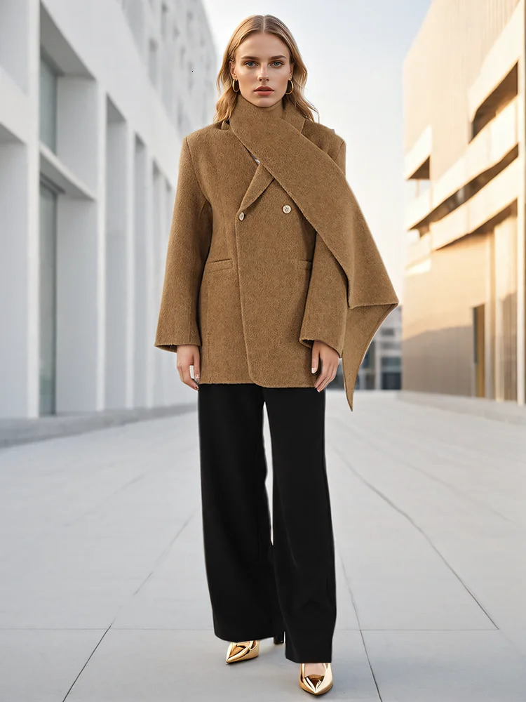 DEAT Fashion Womens Wool Coat Scarf Collar Double Chest Pockets Thick Loose Warm Jacket Autumn Trendy CPDB258 241011