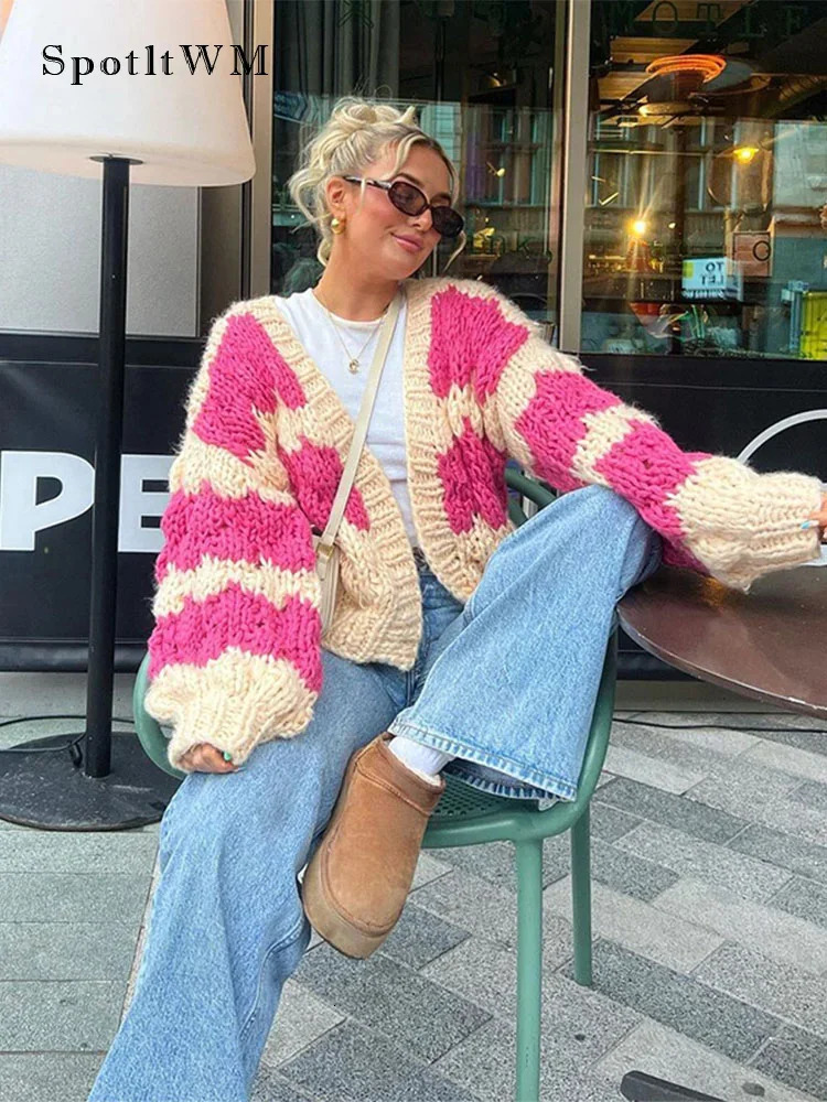 Color Blocking Knitted Cardigan For Women Casual Loose Long Sleeve Crop Sweater Female Streetwear Fashion Autumn Winter 241009