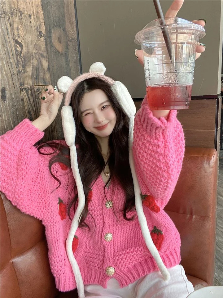 Zoki 3D Strawberry Sweet Cardigan Women Loose Long Sleeve Fashion Knitted Sweaters Korean Lazy Wind Casual Female Soft Cardigans 241009