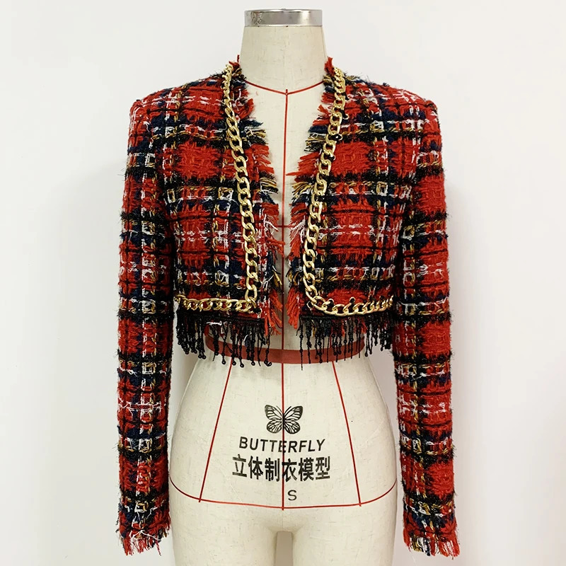 High Streets latest er jacket for women featuring ruffled edges tassel plain weave tweed crop short jacket 240930