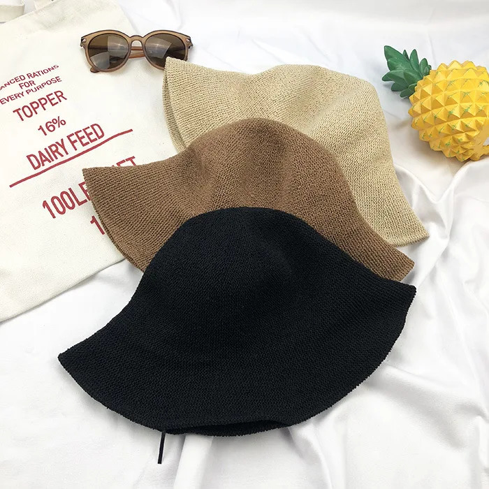 Fashion Bucket Hat Summer Hollow Knitted Solid Color Sunhat Fishermans Casual Folding Beach 241009