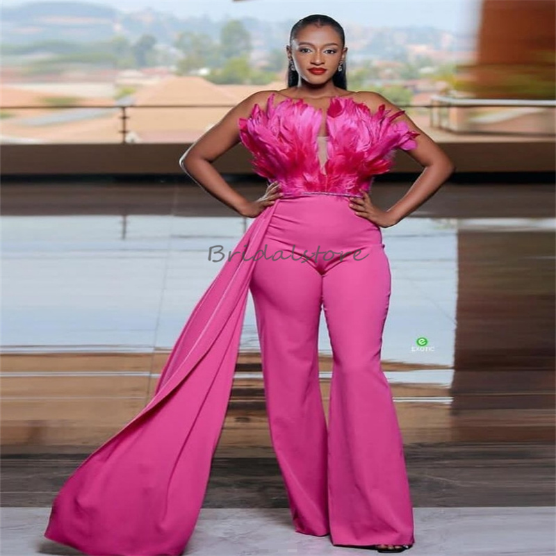Amazing Feather Prom Dresses With Train Elegant Jumpsuit Pant Evening Dress Black Girls Formal Birthday Party Wear 2025 Robe De Mariage African Vestio