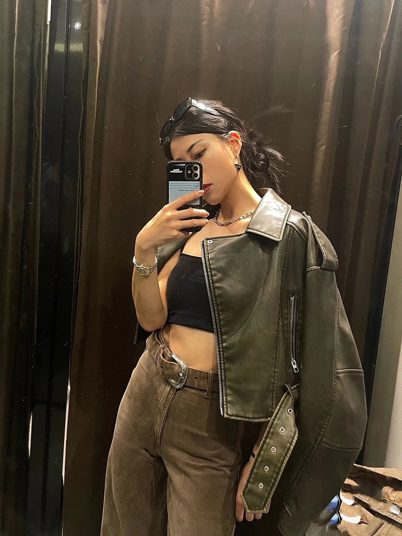 RARF Womens Retro Washed Short Collar Long Sleeve Loose PU Leather Jacket 241011