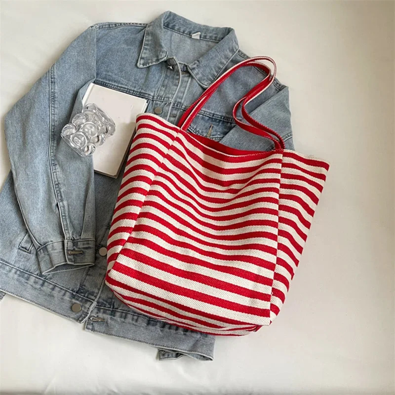 YOUDEYISI red striped canvas shoulder bag Korean style travel beach bag double-sided shopping handbag 241008