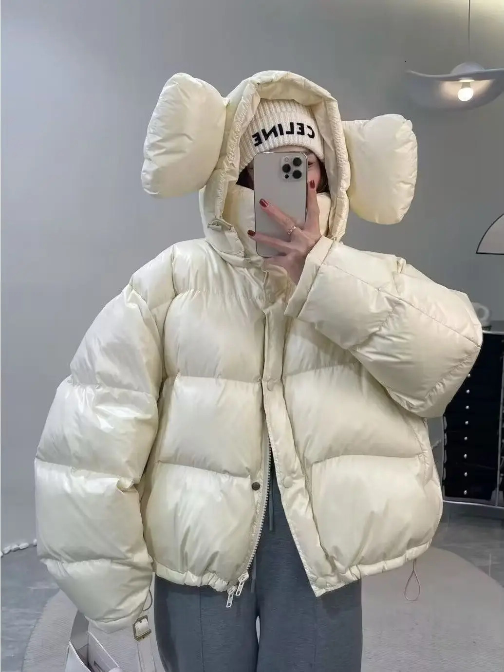 2023 Womens Winter Big Ears Hooded Short Parkas Thick Warm Down Cotton Jacket Cold Coat Fashion Baggy Casual Puffer Jackets 240930