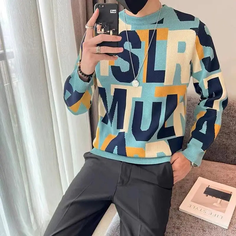 Mens round neck floral lantern long sleeved contrasting color letter sweater knitted casual autumn retro top 241007