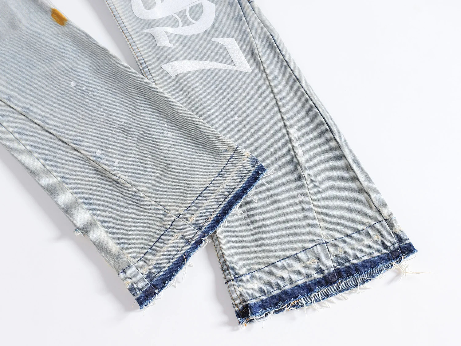 mens open top jeans with letter printing ultra-thin suitable for stacking denim Trouser hand drawn button fly cotton Flared jeans 240924