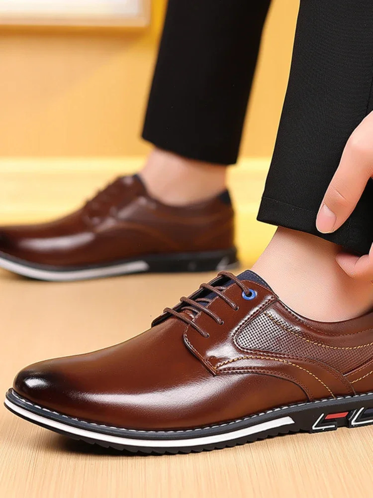 Mens PLUS size PU leather solid casual shoes wear-resistant and non slip lace dress shoes mens office daily shoes 241007