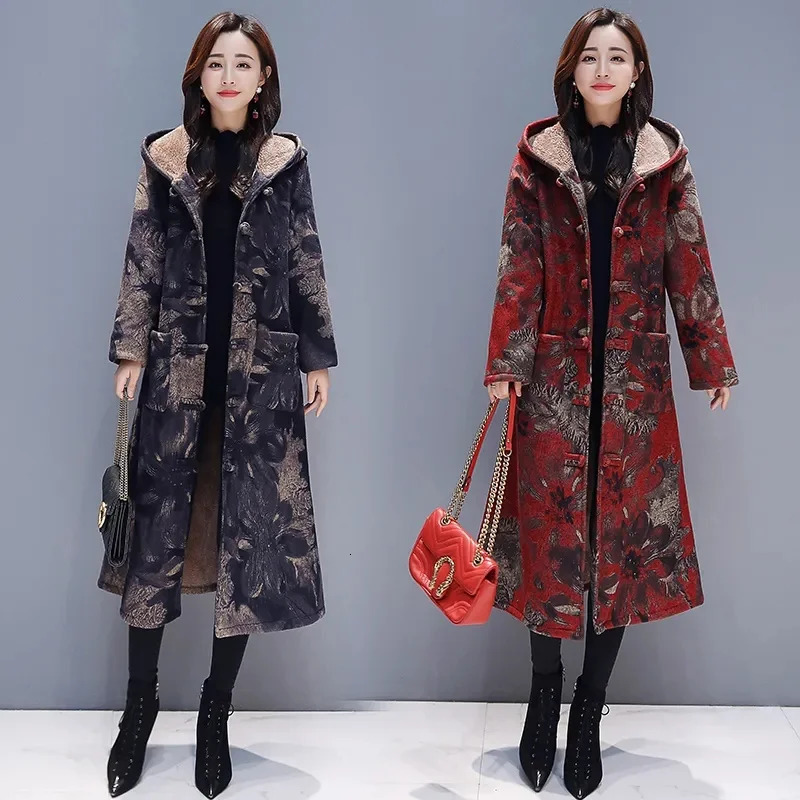 Winter clothing ethnic style button loose womens thick velvet thick warm jacket womens printed hooded wool coat 241007