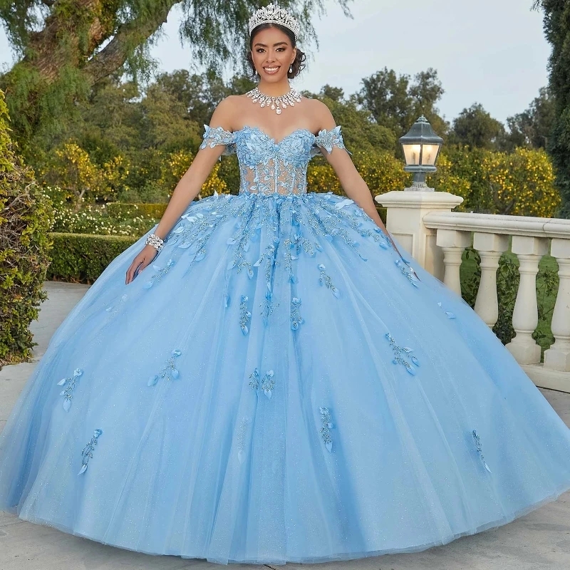 Luxury Sky Blue Princess Quinceanera Dresses Beading Appliques Lace Party Birthday Dress Tulle Sweet 16 Dress Vestido De 15 Anos