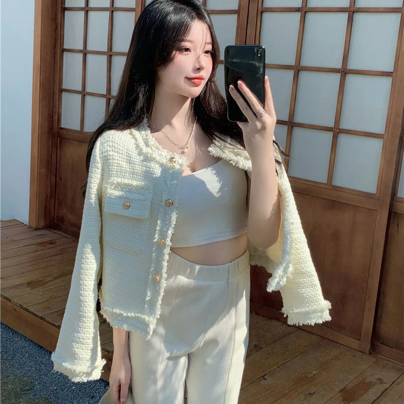 Rimboy fashionable and elegant white tweed jacket for women aesthetic long sleeved jacket for women round neck cut jacket for women 240930