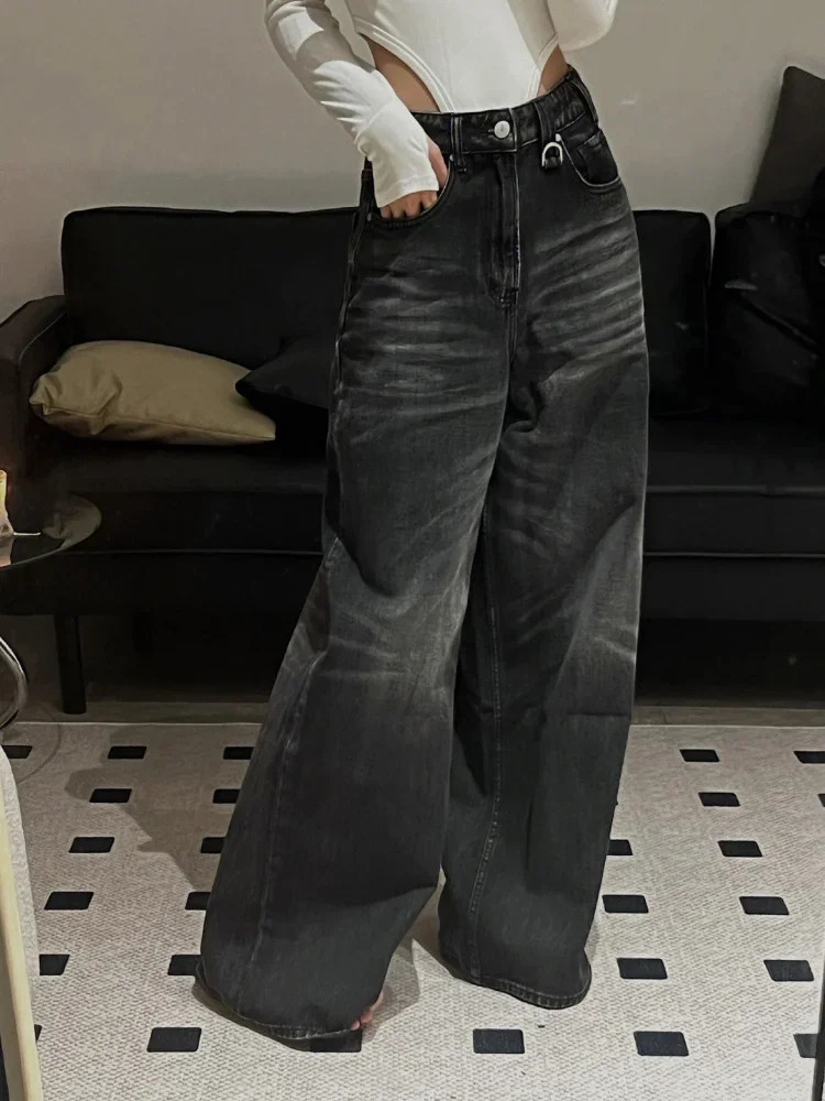 HOUZHOU Vintage Black Wide Leg Jean Oversized High Street Korean Fashion Baggy Denim Trousers Grunge Y2k Female Hip Hop 241007