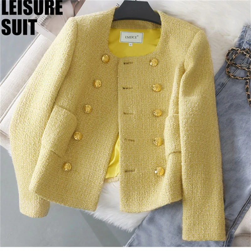 Double breasted Woolen Coat for Womens Autumn and Winter Slim Fit Fashion Short Knit Thick Tweed Suit Jacket Blazer Yellow 241011