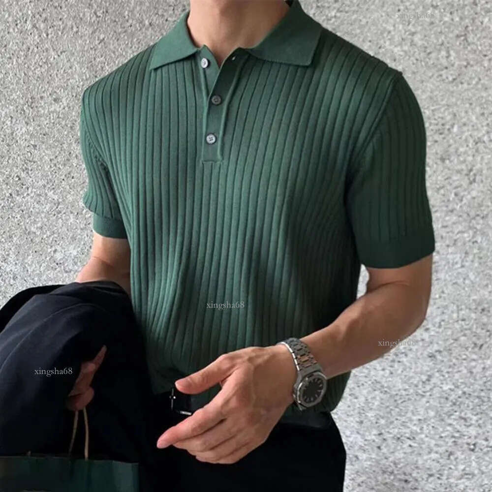 Men's T-Shirts Lapel Short Sleeve Buttons Half Placket Loose Men T-shirt Summer Solid Color Knitting Ribbed Shirt Top Streetwear 230606
