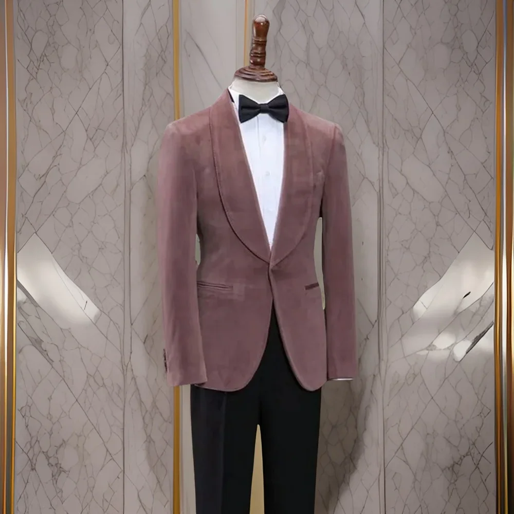 2 Pcs Velvet Men Suits for Wedding Shawl Lapel Formal Groom Tuxedo Wear Blazer Best Male Fashion Costume ( Jacket+Pants) 2024