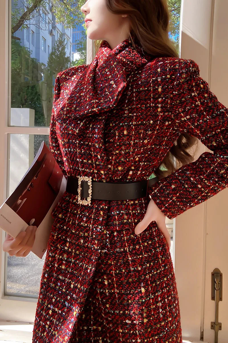 Dabuwawa Detachable Scarf Collar Tweed Woolen Coat Women Christmas Party Adjustable Waist Jacket Elegant Outwear DM1DCO007 241011