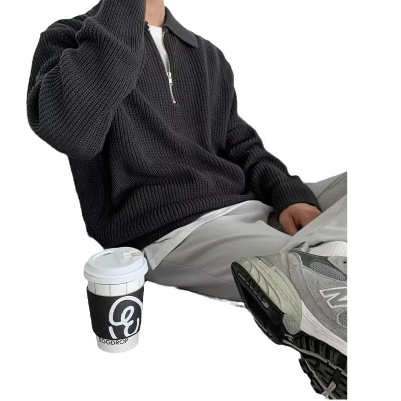 Mens retro loose half zipper long sleeved knitted polo shirt high-end lapel sweater jacket casual scene 241011