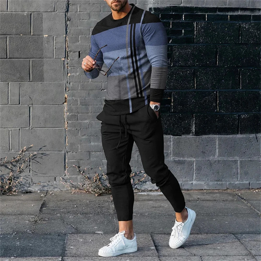 Mens high-quality sleeved mens fashionable summer printed T-shirt long pants 2PCS set clothing sportswear 240930