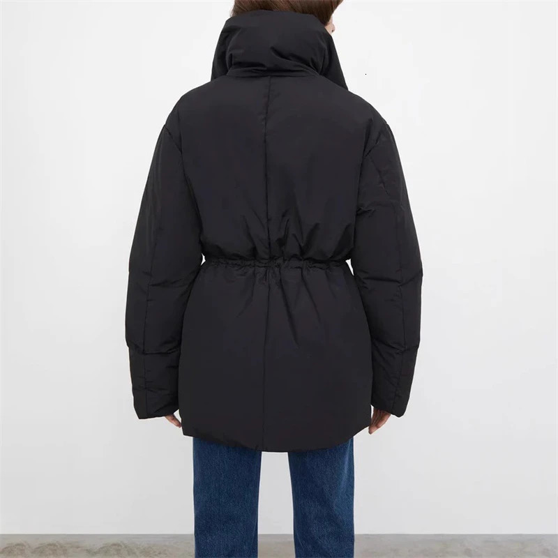 Winter Womens Black Brushed Waist Stand up Down Jacket Y2K High Quality Casual Thick Warm Jacket 241009