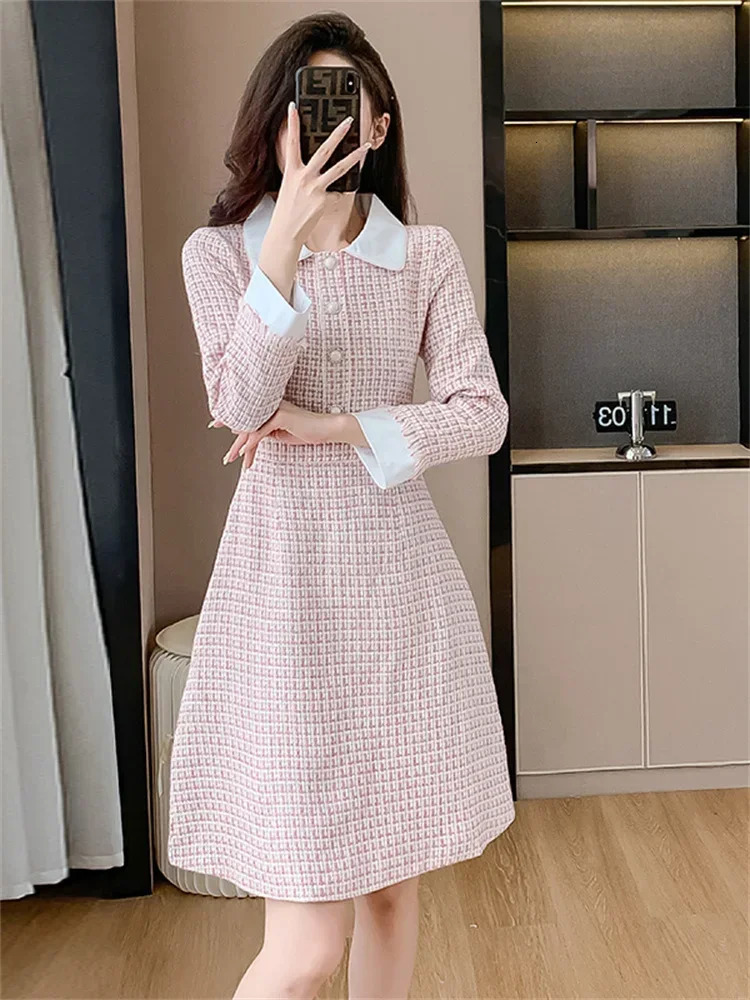 elegant pink coarse tweed womens clothing Korean fashion long sleeved lapel long sleeved wool A-line office womens dress Vestidos 241011