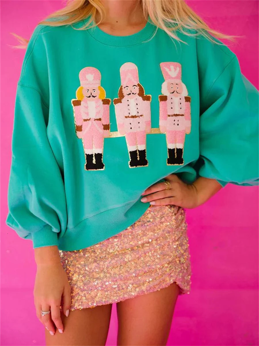 2024 Christmas Nutcracker Sequins Sweatshirt Round Neck Long Sleeve Crop Tops Loose Hoodies Streetwear Year 241011