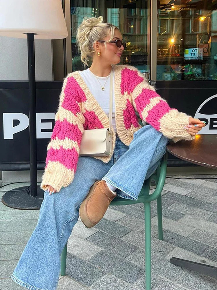 Color Blocking Knitted Cardigan For Women Casual Loose Long Sleeve Crop Sweater Female Streetwear Fashion Autumn Winter 241009