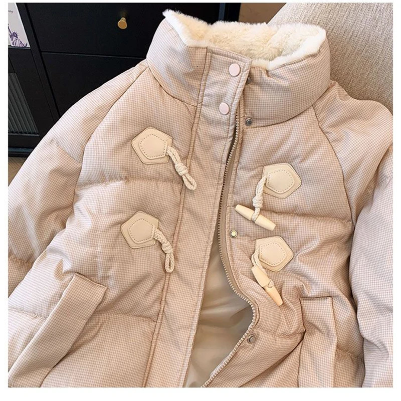 Winter Cotton Fleece Wool Padded Parka Horn Button College Girl Student Puffer Jacket Short Loose and Thick Bread Coat 240930