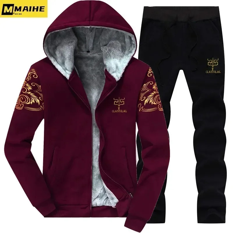 9XL Plus Thick Pant Sets Mens Casual Tracksuit Winter Wool-lined Warm Hoodie Sweatpants 2-piece Track Suit Mens Clothing 241011